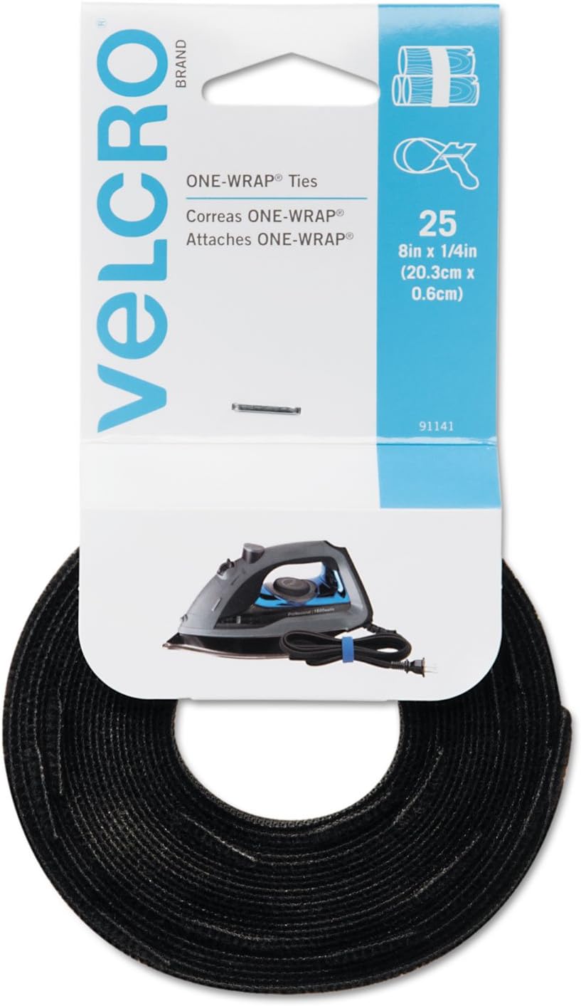 Velcro 91141 Reusable Self-Gripping Cable Ties, 1/4 x 8 inches, Black, 25 Ties/Pack