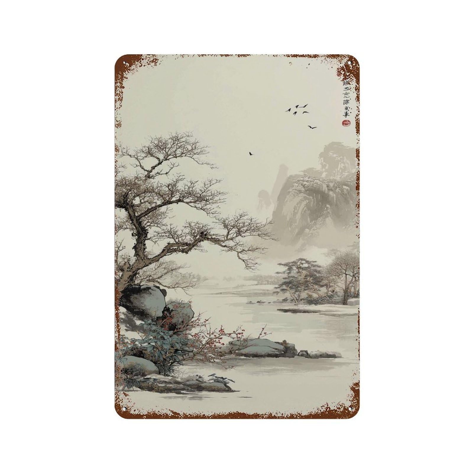 xiaoxiaoshen Asian Landscape Japanese Ink Painting Tranquil Mountain And River Scene Traditio Wall Decor Art Metal Tin Poster Modern Home Decor Art Home Bar Shop Decorations Vintage Sign 30x20cm