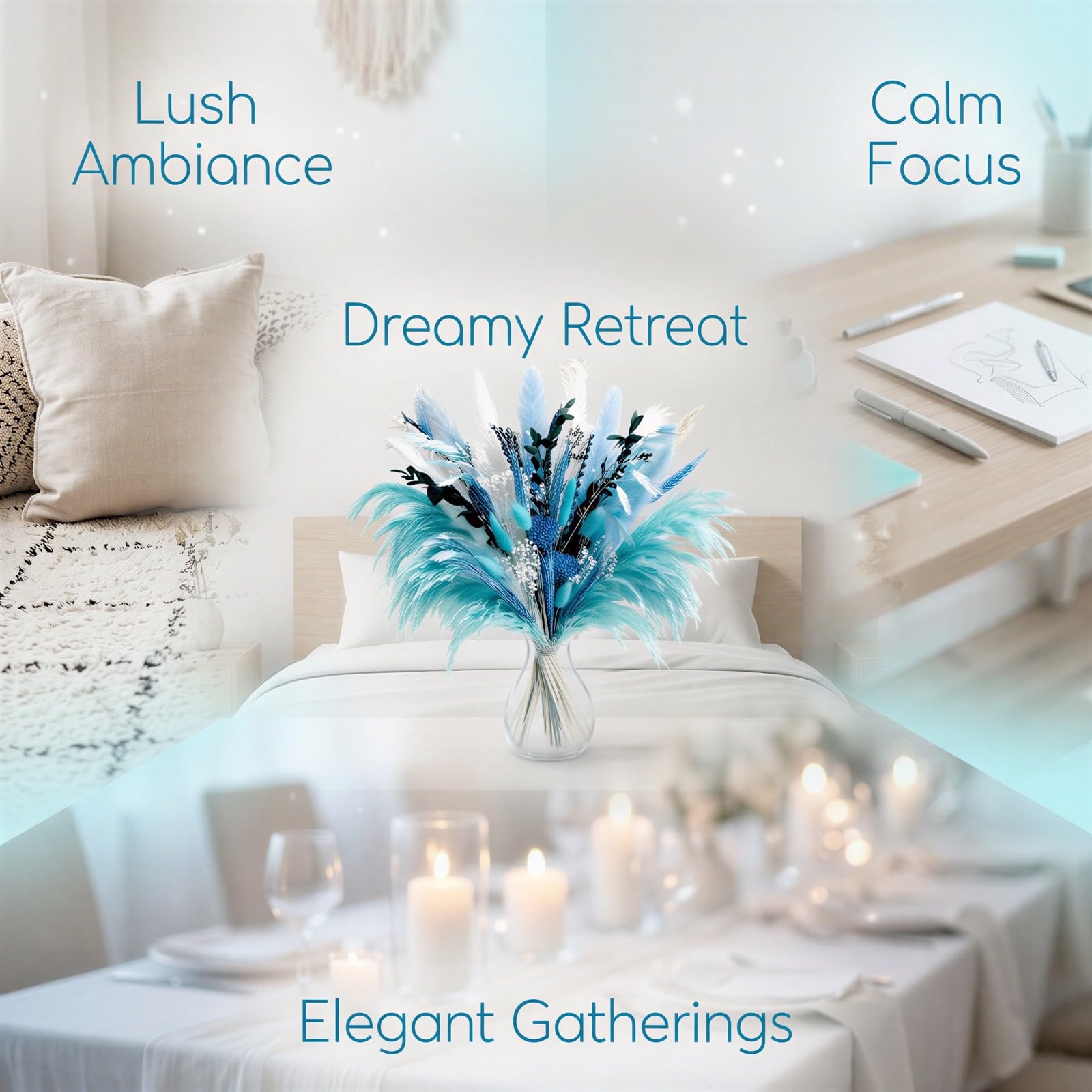 Pampasgras Deko blau, 45 cm getrockneter Pampasgrasstrauß mit gemischten weißen Blumen, Boho-Stil Trockenblumen-Arrangement für Zuhause, Büro, Hochzeit, Wohnzimmer, Landhaus, Tisch und Regal-Deko
