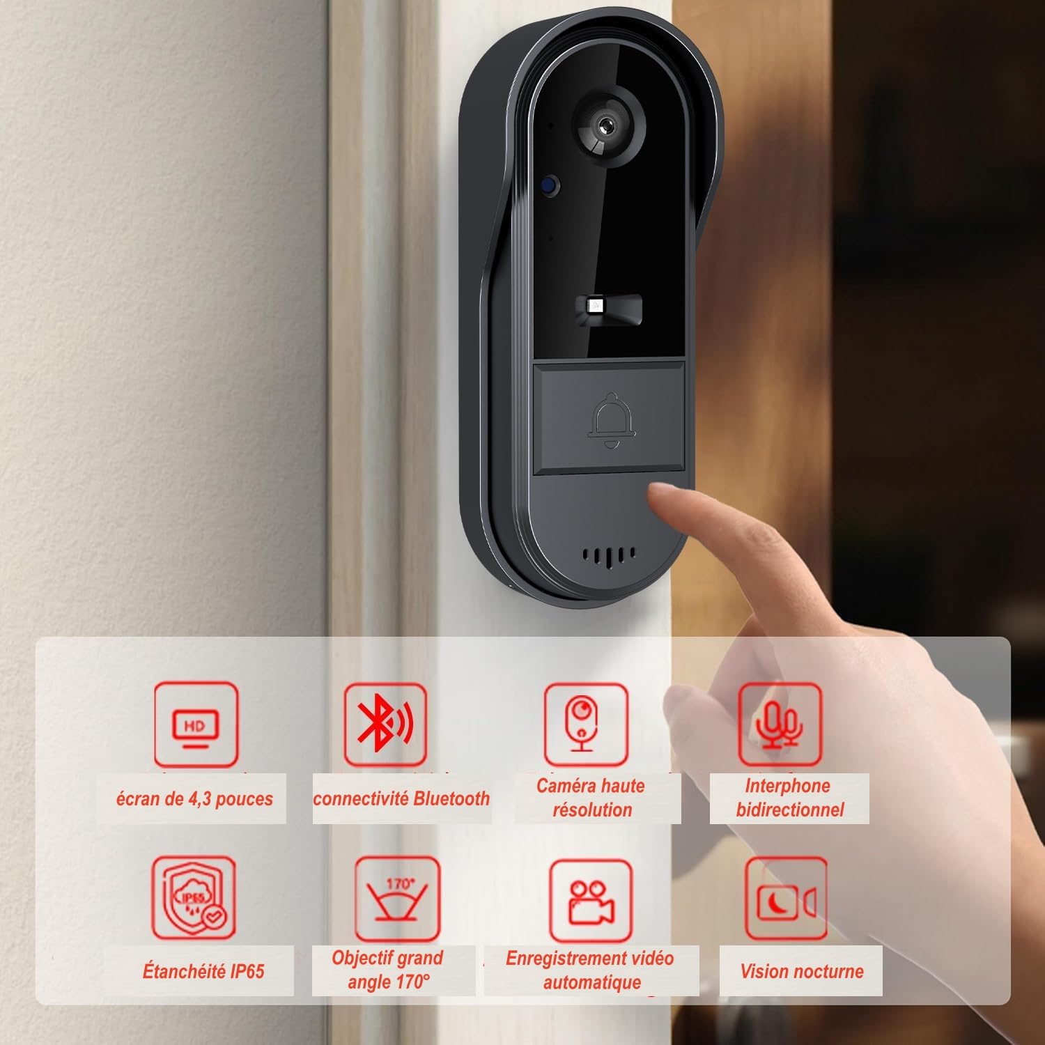 TKMARS Sonnette Vidéo sans Fil avec Écran 4.3 Pouces | Grand Angle 170°, sans WiFi ni Application ni Abonnement, Audio Bidirectionnel, Vision Nocturne IR, Étanche IP65