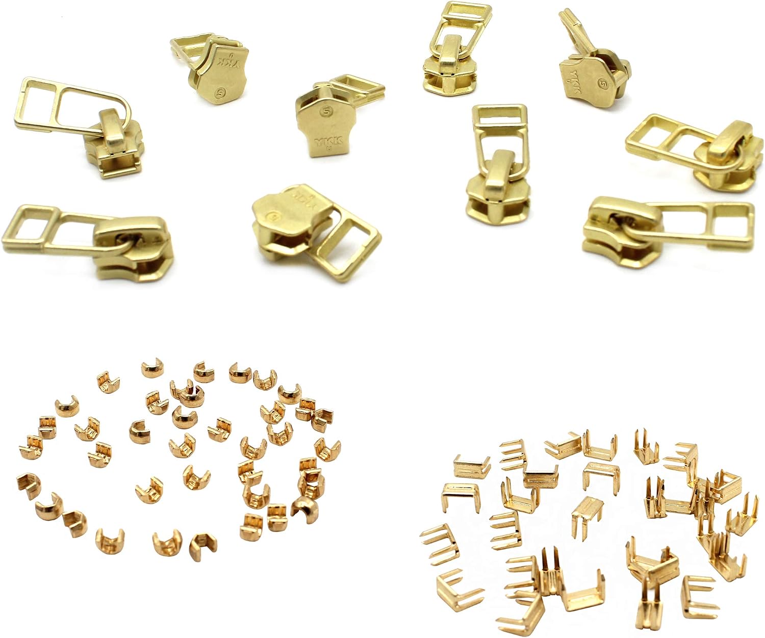 10 YKK #5 Fancy Brass Sliders + 30 Top Stops + 30 Bottom Stops (Choose Design) (Swing Long Pull Sliders)