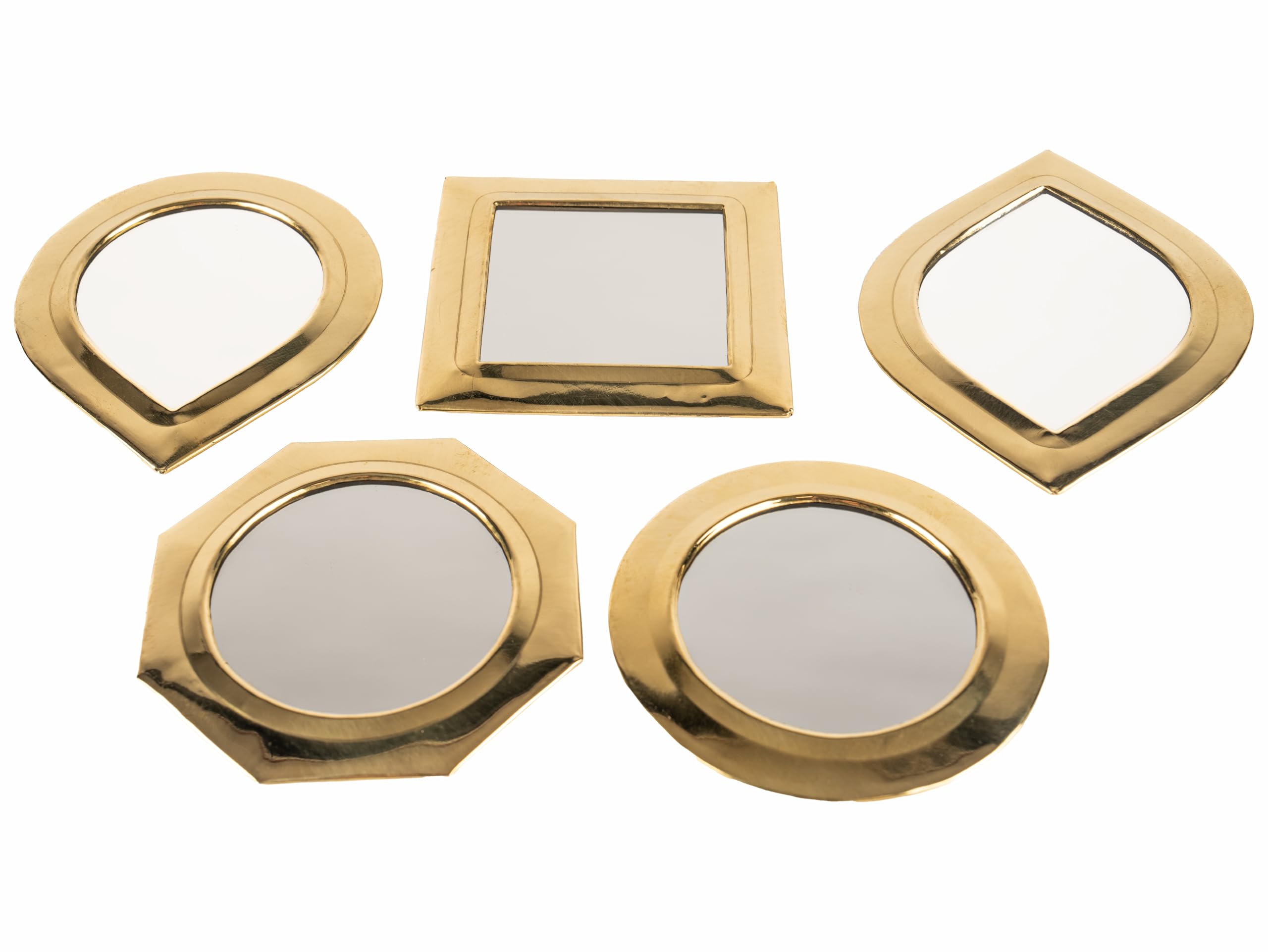 Conjunto de 5 Mini Espejos Decorativos, Marco de Latón Dorado, 10-14 cm, Diseño Marroquí Artesanal, Formas Variadas
