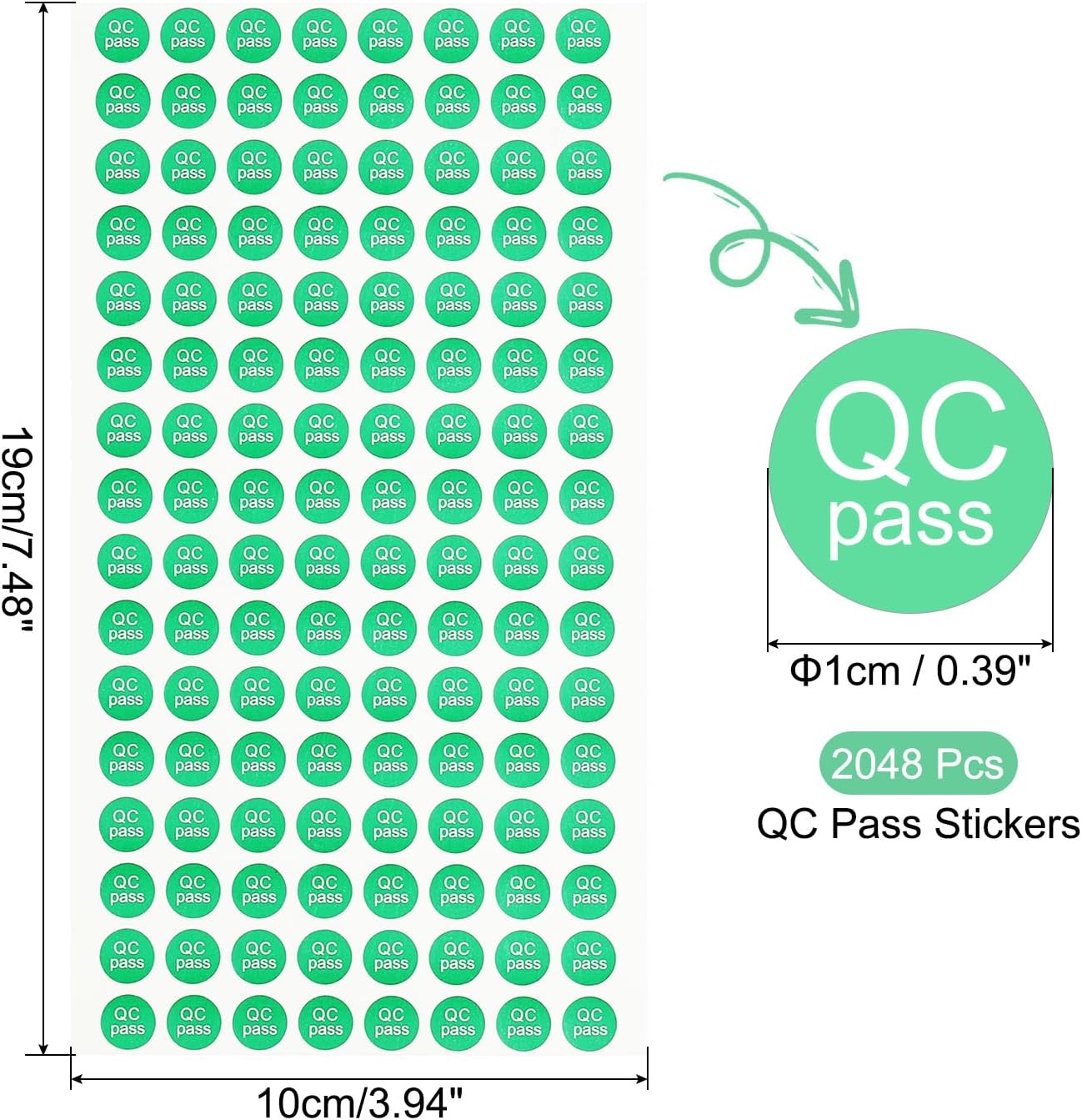 Diagram showing the dimensions of the sticker sheet (19cm x 10cm) and individual sticker diameter (1cm), along with the total quantity of 2048 pieces.