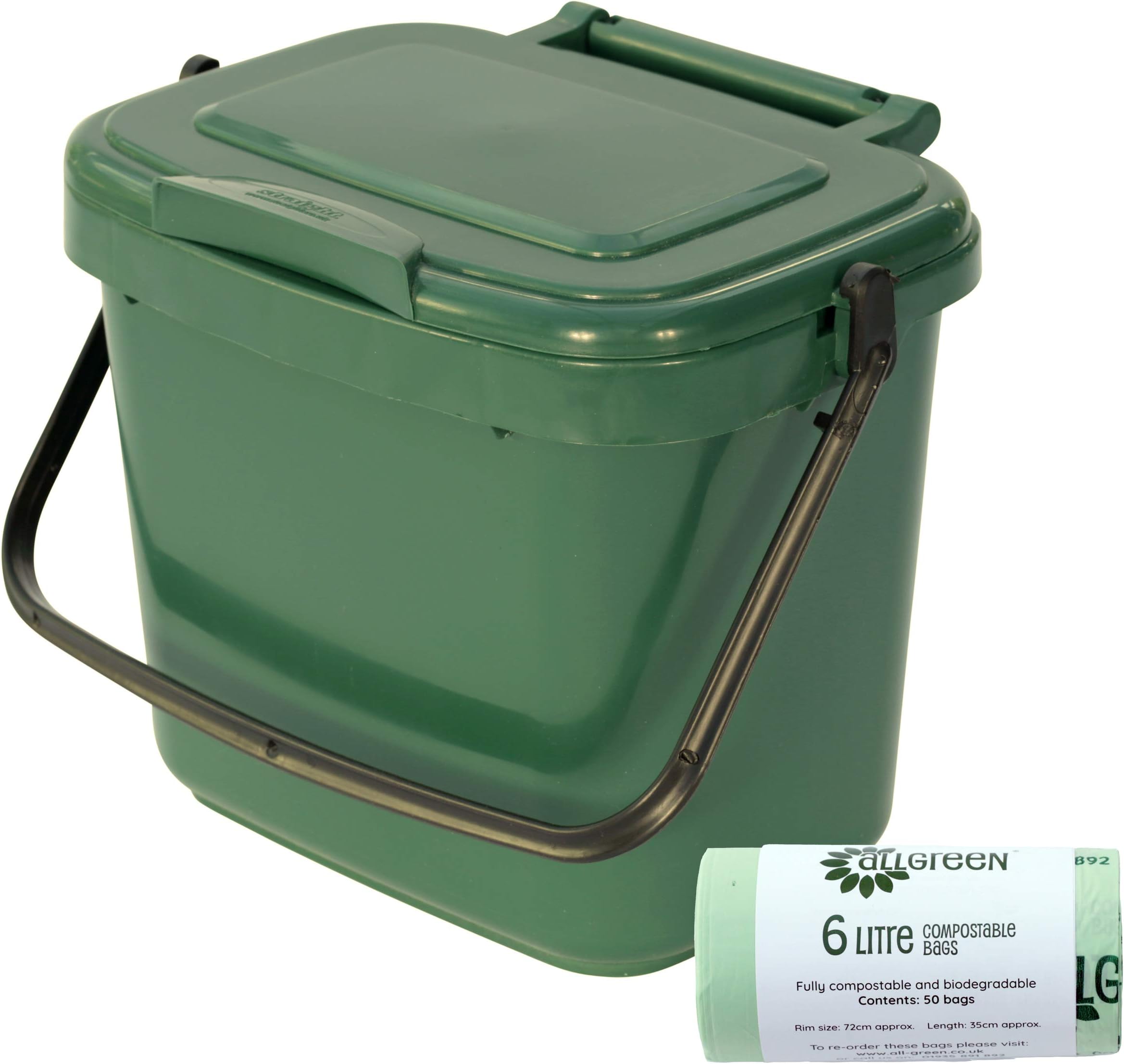 Green Kitchen Compost Caddy (5L - Small) & 50x 6L Compostable Bags - for Food Waste Recycling (5 Litre) - 5L Plastic Composting Bin