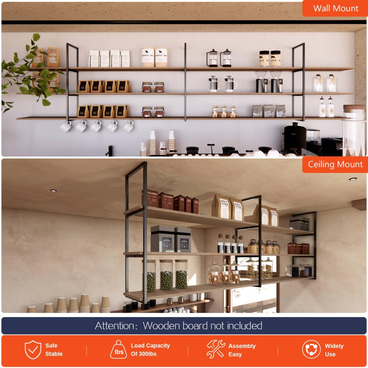 3-tier square shelf bracket, 39-1/4" height, wall/ceiling mount storage shelving, black powder-coated carbon steel carbon steel, rust-resistant, 110 lbs capacity, 3 pack 3 tier bracket-3 pack