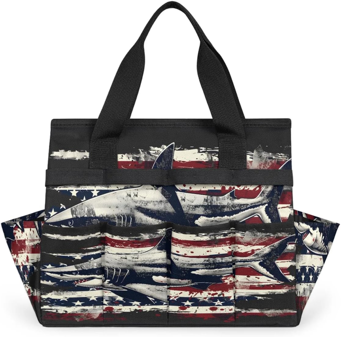 Shark Stars Stripes Garden Tool Bag Waterproof Gardening Tool Storage Bag with Handle & 10 Pockets Gardening Tote Bag for Women Garden Tool Organizer