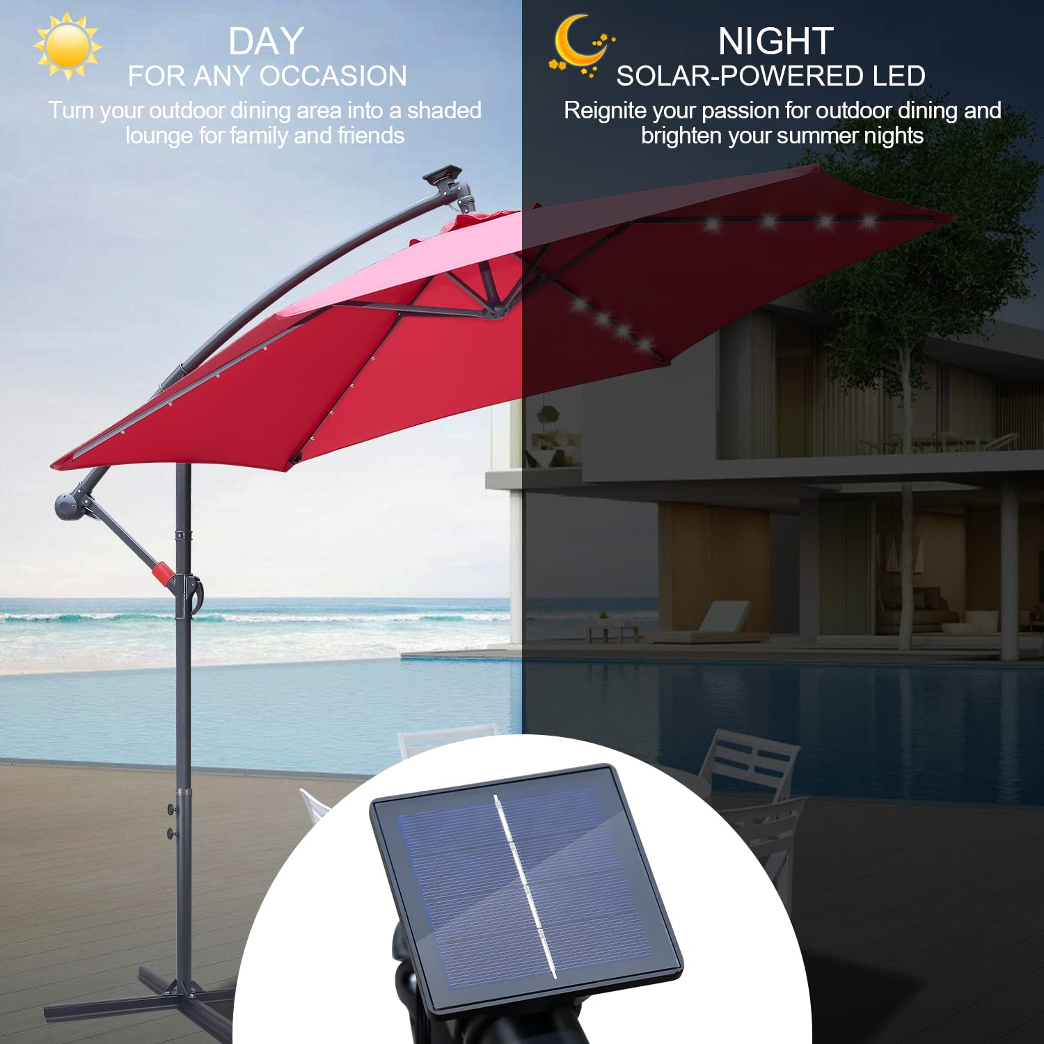 Sombrilla de 300 cm, grande, LED, solar, incluye manivela de aluminio con soporte, protección UV, impermeable, para balcón, jardín, terraza, color rojo, rojo, Ø300 cm mit LED…