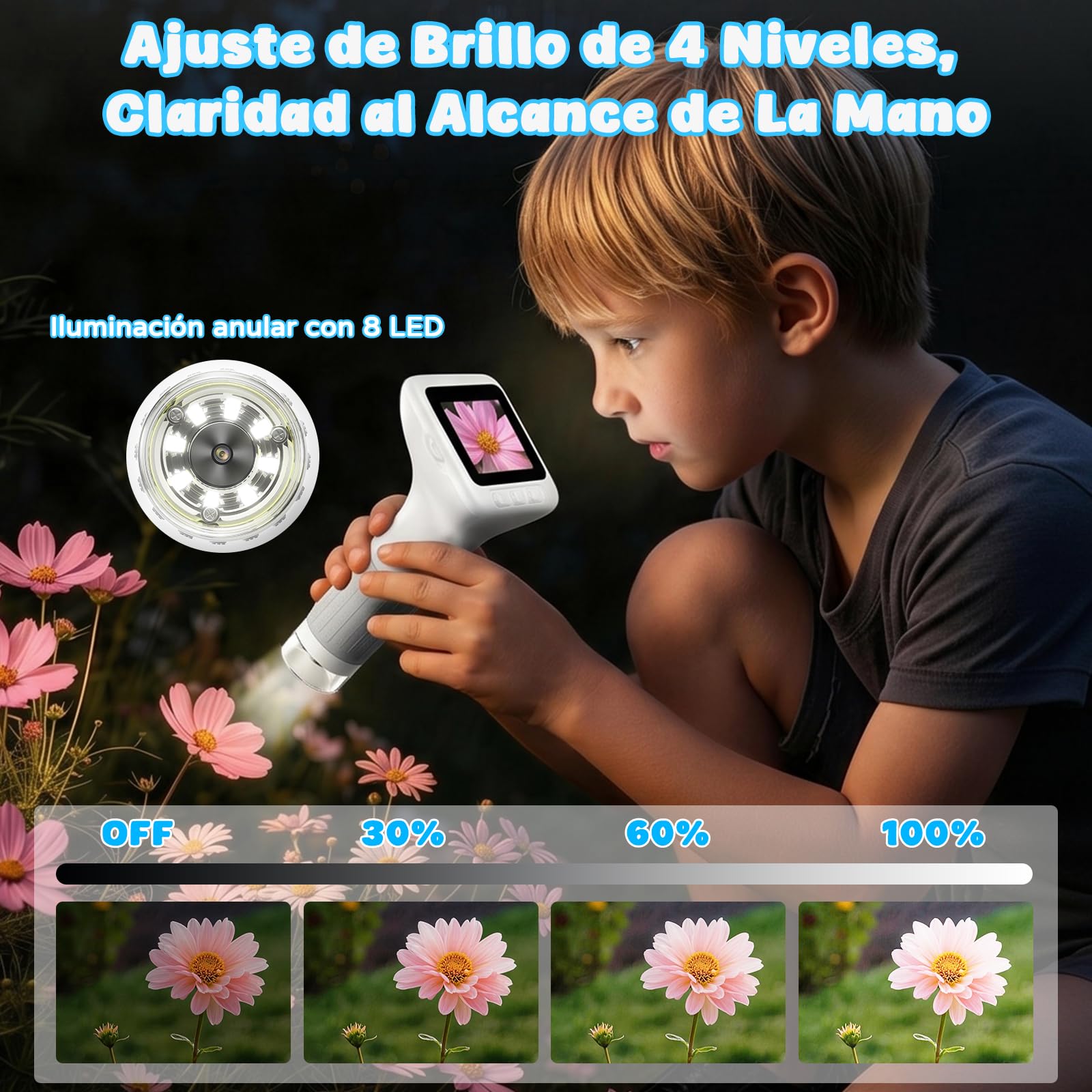 Microscopio Digital Niños 1000x, Microscopio Portátil Niños con Pantalla HD de 3,0 Pulgadas, Función de Fotografía y Compatible con PC para Jardín, Bosque y Al Aire Libre (Blanco)