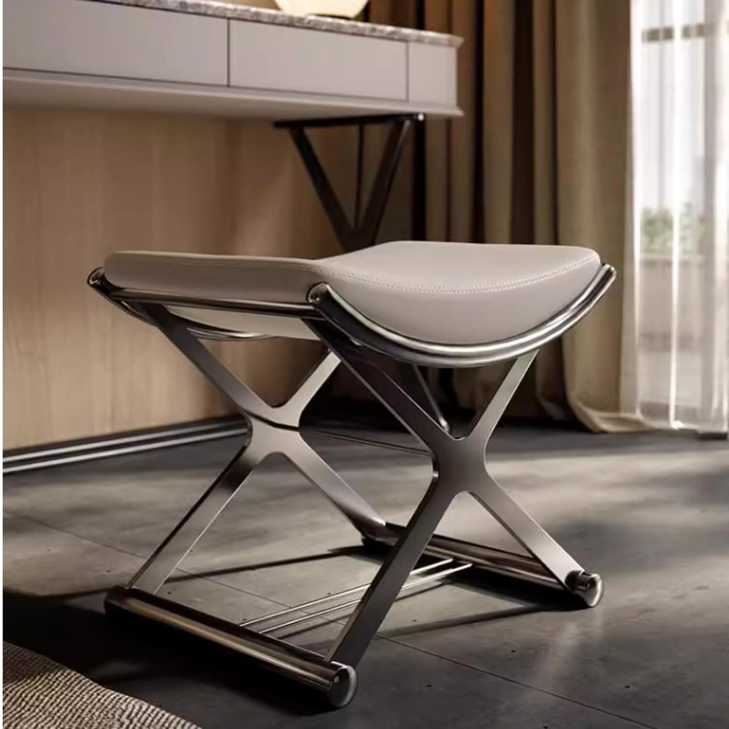 ACICS Leather Ottoman Vanity Stool with Metal X Legs, Multifunctional Padded Seat for Makeup, Living Room, Bathroom