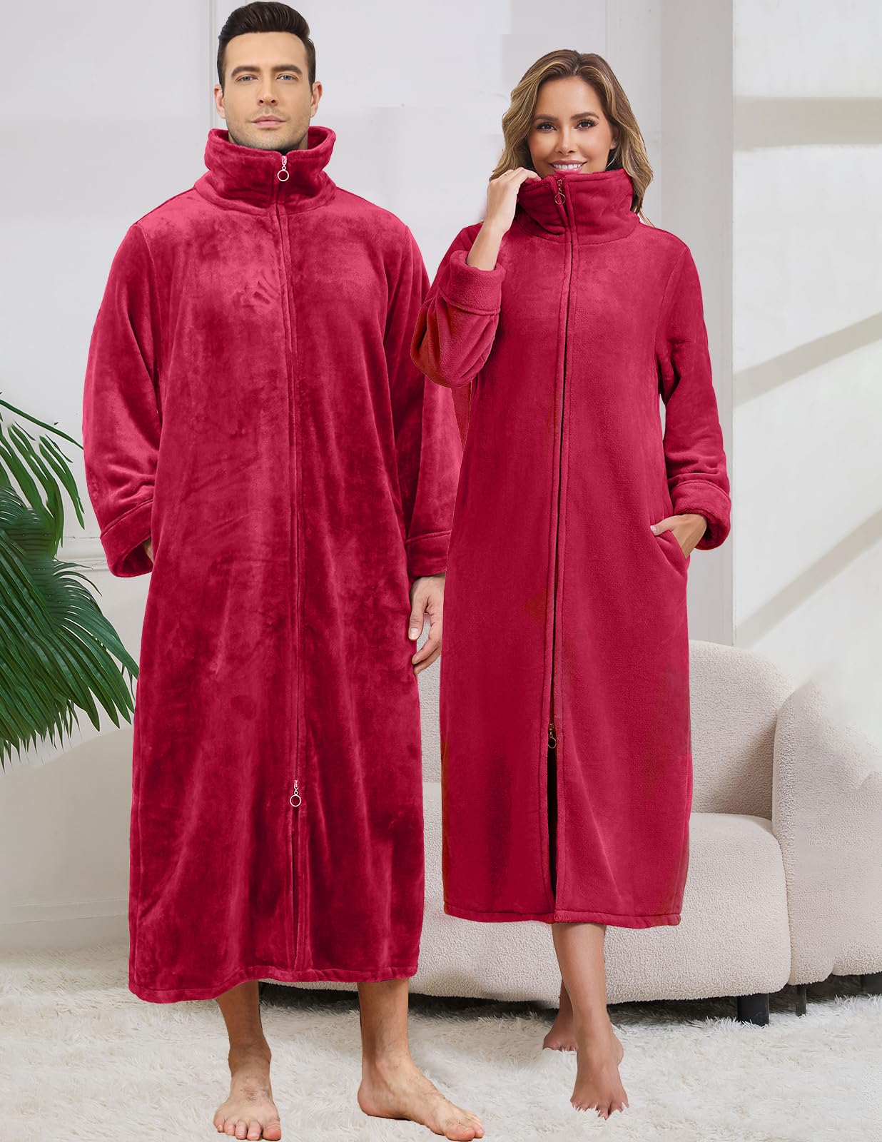 Rubehoow Peignoir en polaire doux et chaud pour femme avec fermeture éclair et poches pour l'hiver