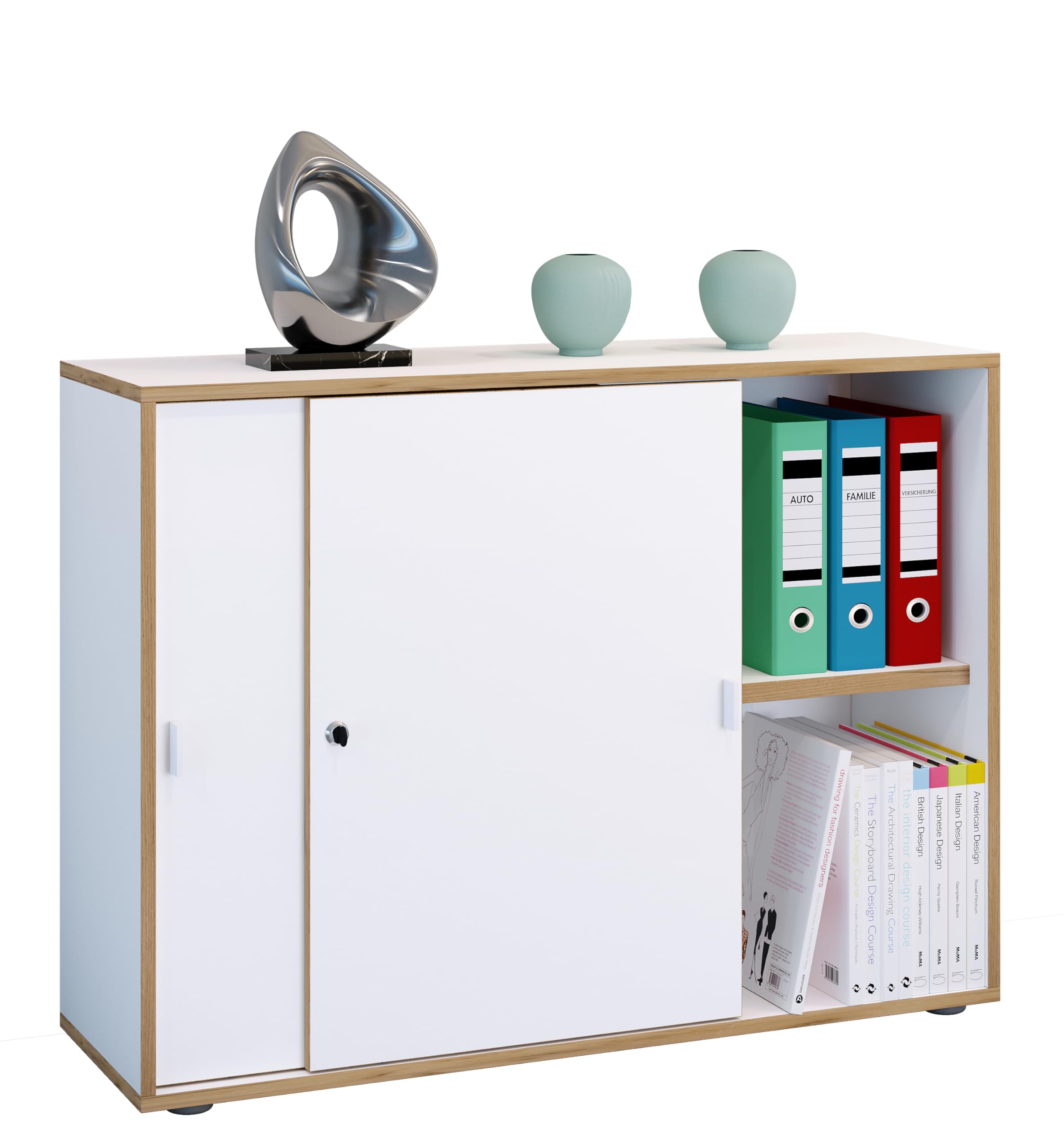 VCM Büroschrank mit 2 Fächern | moderner Aktenschrank mit Schiebetüren | Maße ca. H. 74 x B. 100 x T. 37 cm– Salia 2-Fach Weiß
