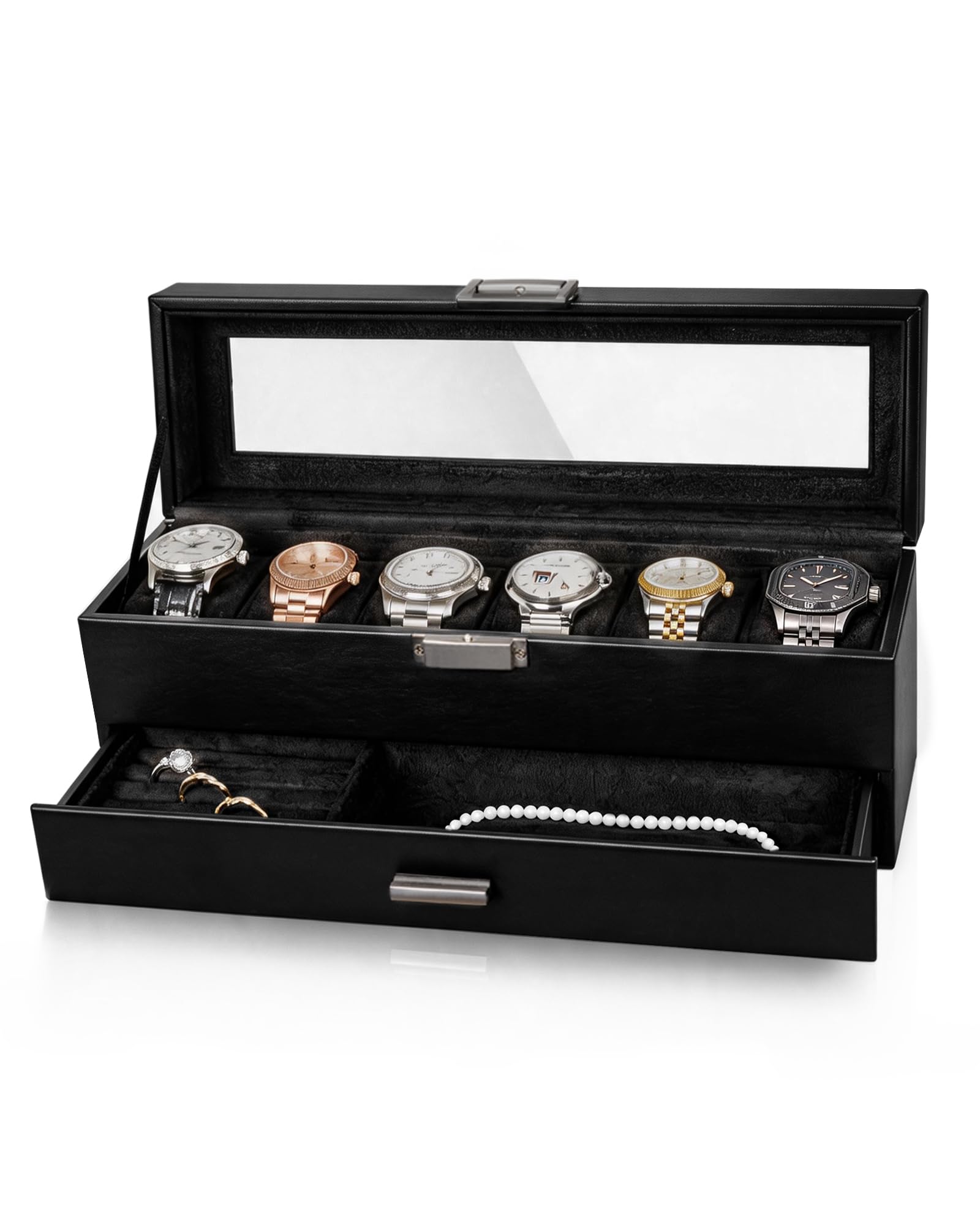 Coffret à Montres Organisateur 2 Niveaux Cuir-PU Homme/Femme, Noir
