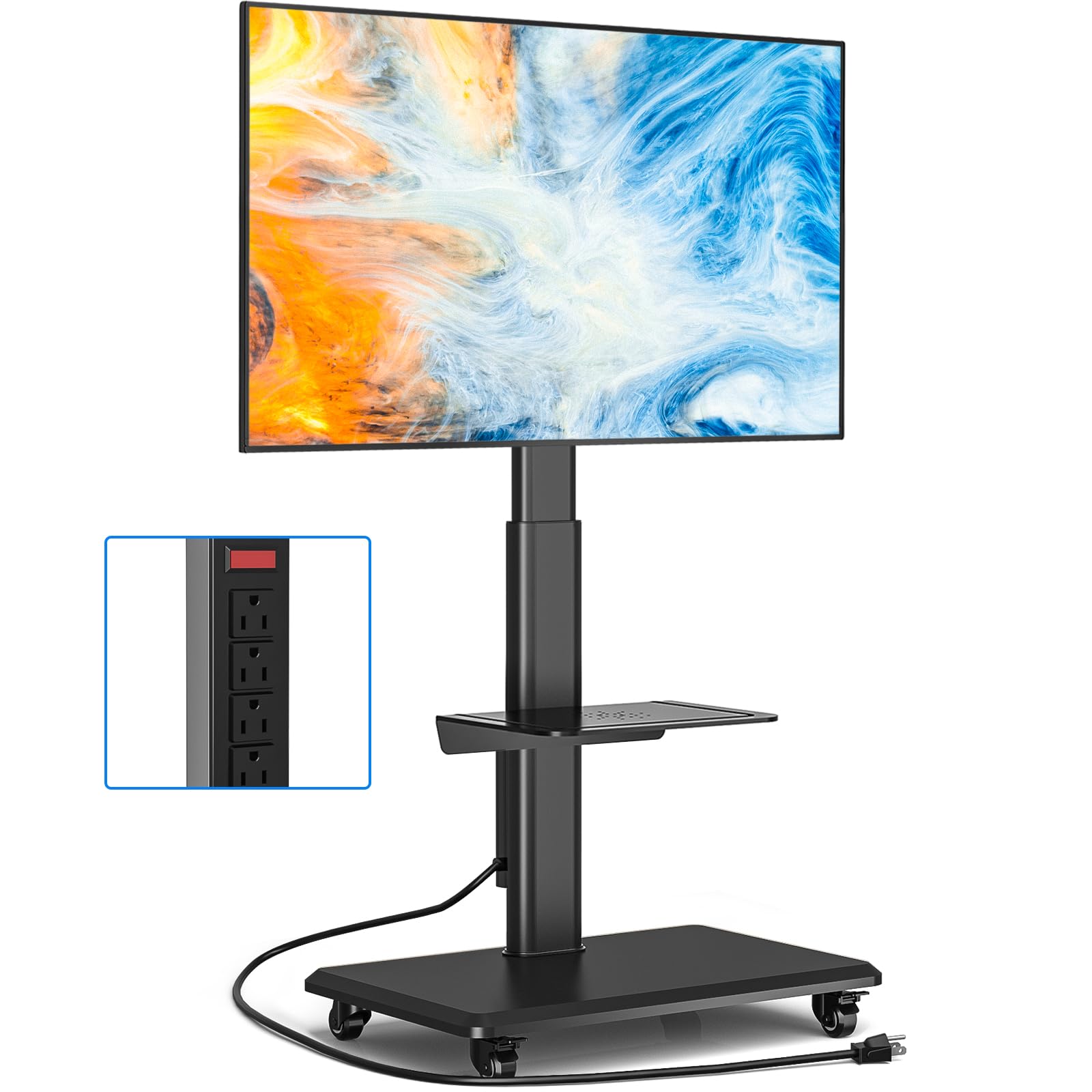 Rfiver Sleek Rolling TV Stand with Power Outlet for Home Decor, Height Adjustable Portable TV Stand on Wheels for 32-75 Inch TVs, Strong Tall Mobile