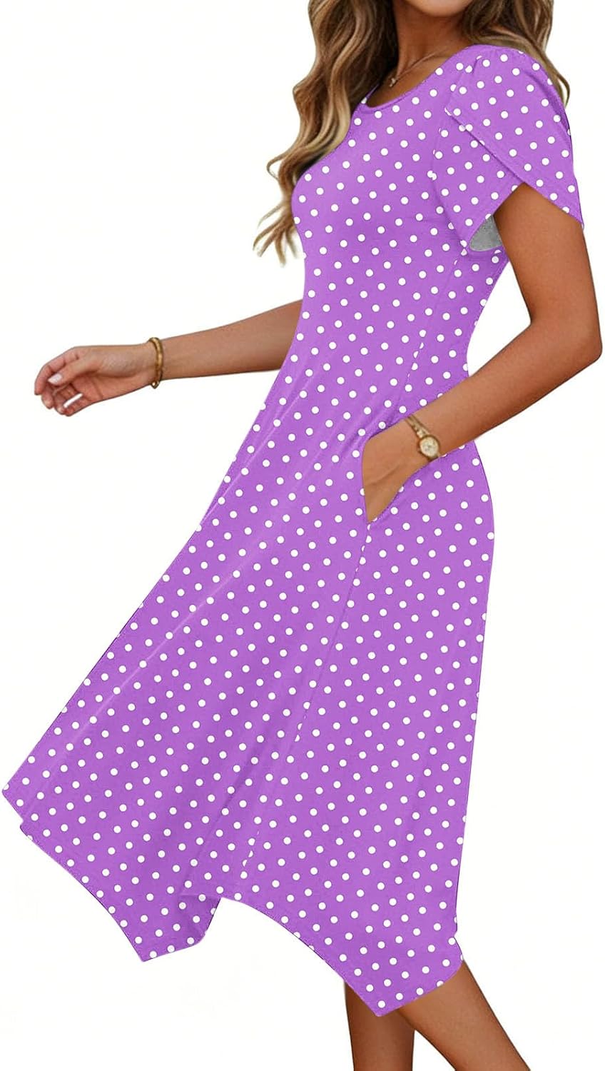 Short Sleeve Midi Dress for Women Polka Dot Summer Crewneck Casual Party Dress Asymmetrical Hem Clothes with Pocket