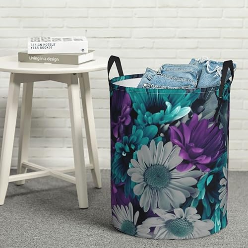 Miniatura 7 de Caja de almacenamiento redonda impermeable con diseño de flores moradas y verde azulado cesta redonda para la ropa sucia portátil con asa adecuada