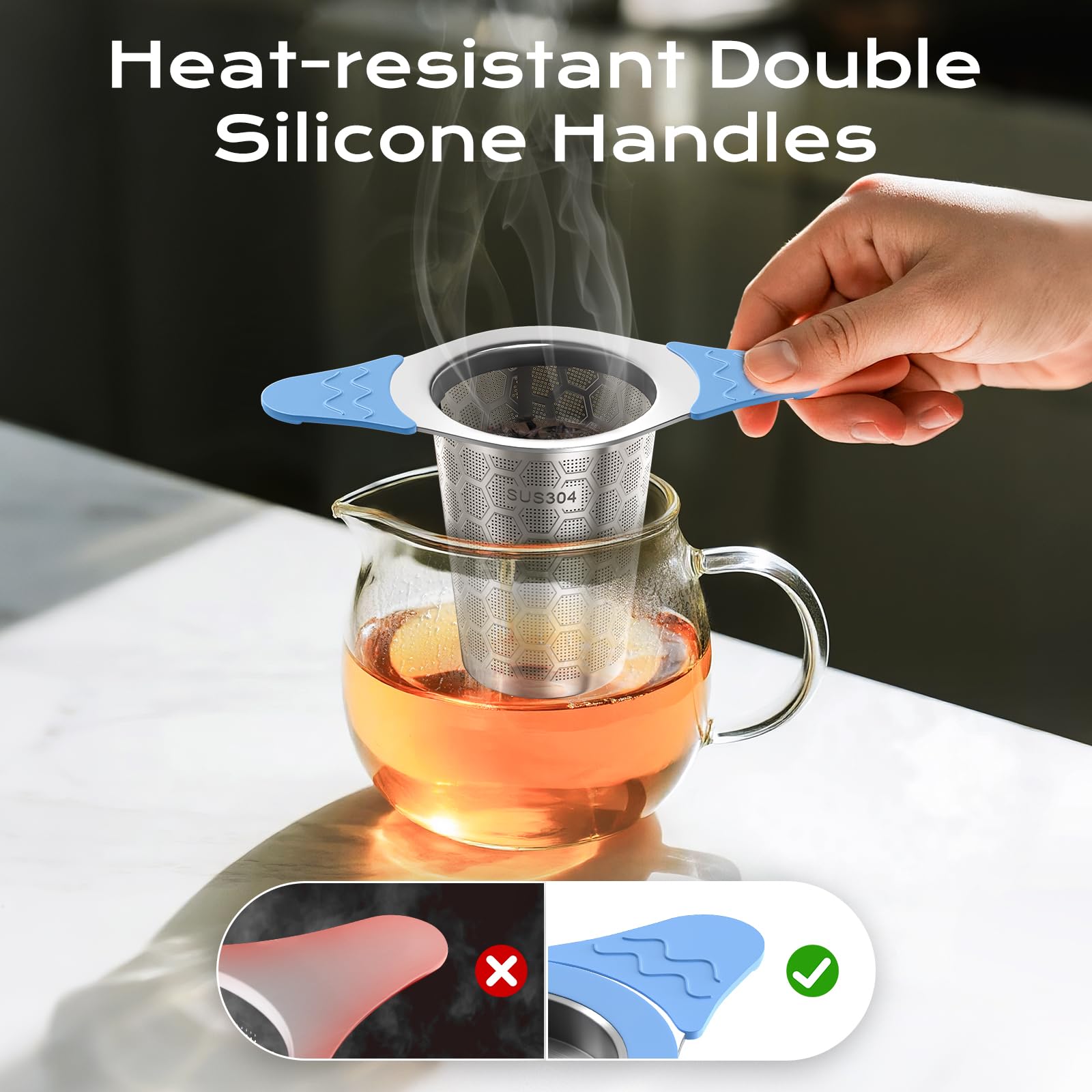 Tea Strainer for Loose Tea 304 Stainless Steel Tea Infuser with Lid & Double Silicone Handles, Tea Filter Fine Mesh, Teapots - Image 3