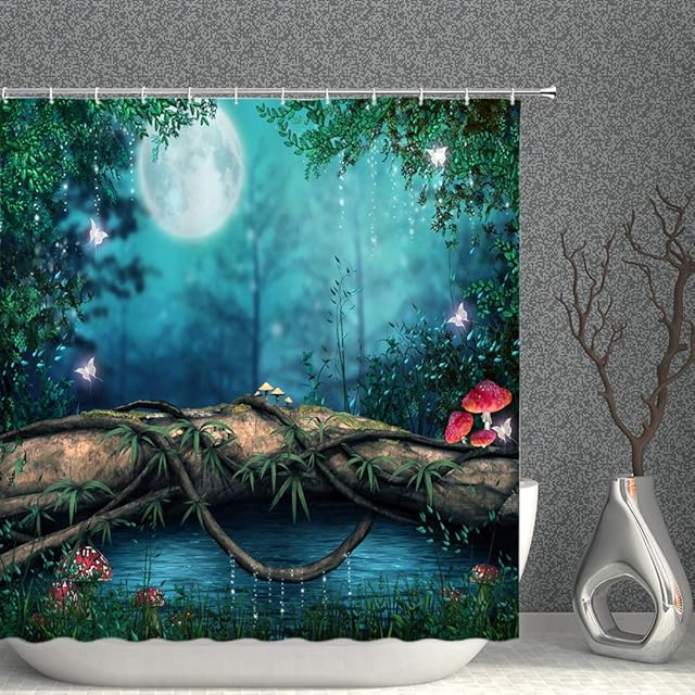 Enchanted Pond Decor Shower Curtain Fantasy Fairy Tale Forest Red Mushroom Green Plants Leaves Meadow Tree Log Full Moon,70x70 Inch Waterproof Polyester Fabric Bathroom Accessories Curtains With Hooks