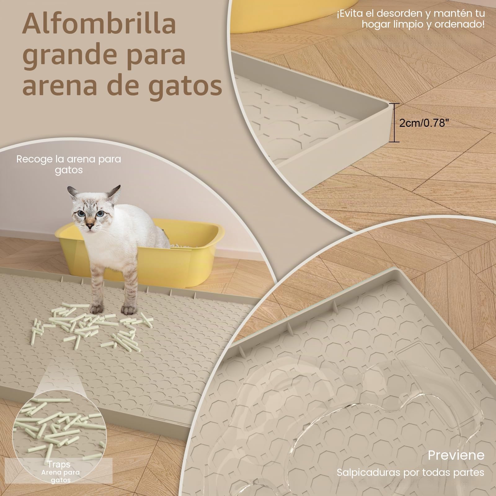 Alfombra Arenero Gato Silicona Impermeable Bordes Elevados 86x56cm, Alfombra Gatos Arenero Grande Antideslizante, y Alfombrilla Arenero Gato Diseño Panal Fácil Limpiar, Beige