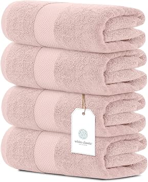 White Classic Luxury Pink Bath Towels - 4 Pack, 100% Turkish Cotton, 27x54