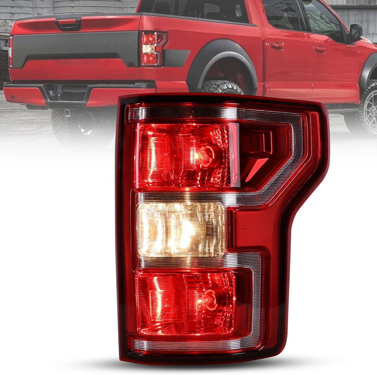 Winjet OEM Tail Light Fit For 2018 2019 2020 Ford F-150 (Only Fit for Halogen Taillight Model), Tail Lamp Replacement For Ford F150, Chrome Housing Red Lens Taillight (Only Passenger/Right Side)