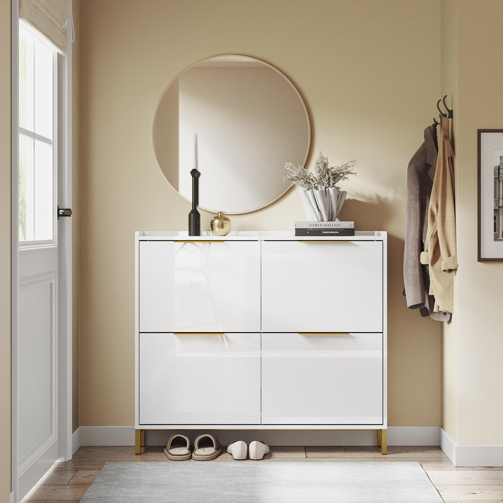 SoBuy Schuhschrank Schmal Schuhkipper Schmal mit 4 Klappen– Hochglanz Weiß mit Goldgriffen, 19cm Tiefe, Flur & kleine Wohnung, MDF+Eisen, 25kg Belastung, B100xH88,5xT19cm, FSR206-GW