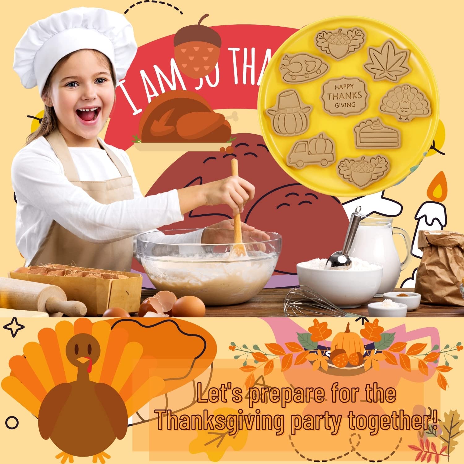 Crethinkaty Thanksgiving-Ausstechformen-Set, 8-teiliges Kunststoff-Keksausstecher, Brathähnchen, Kuchen, Truthahn, Kürbis, Haselnuss, Ahornblatt, Wagen mit Kürbis, Happy Thanksgiving