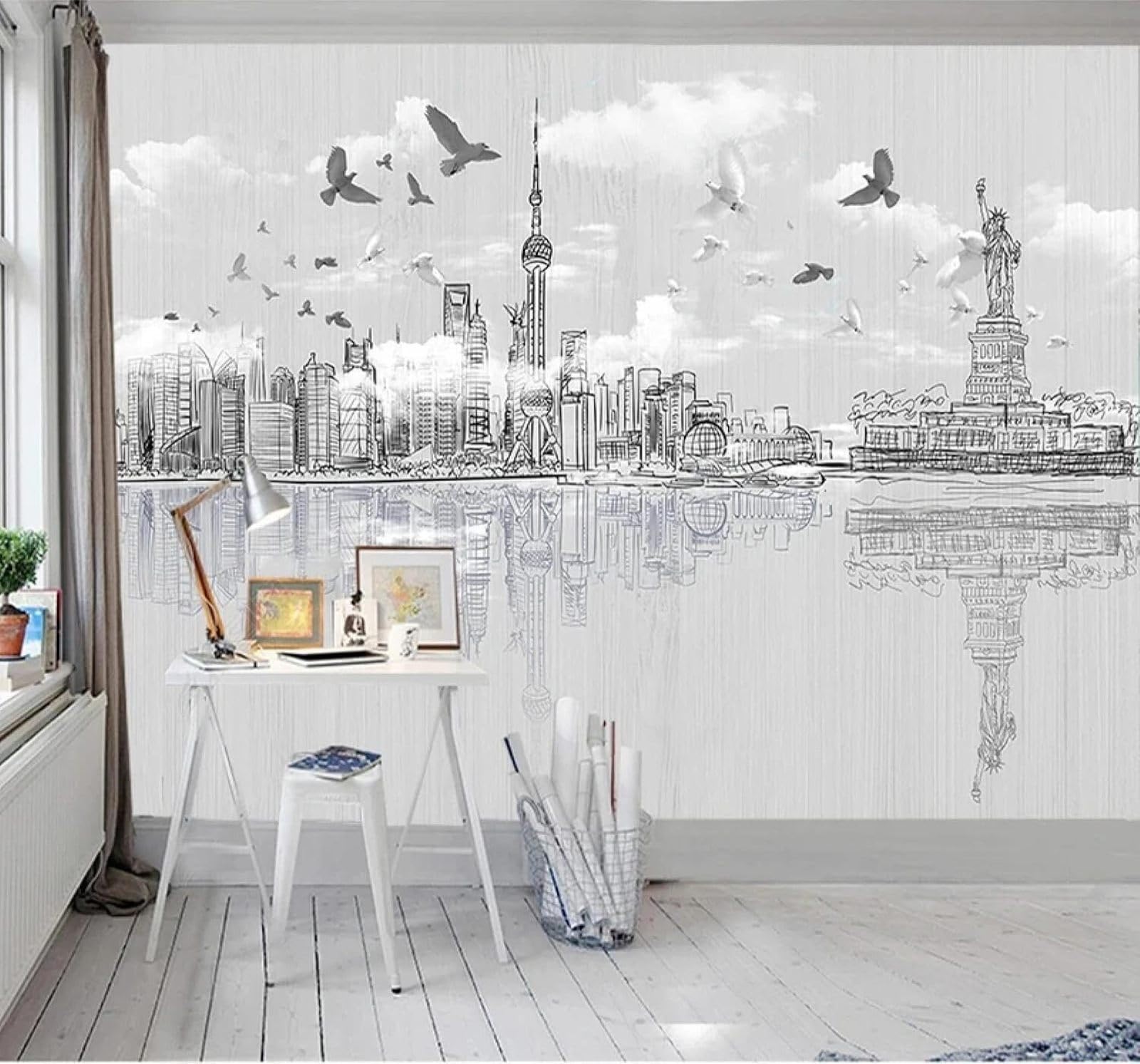 XLMING Hand Drawn Black and White Architecture Birds in Flight Reflections 3D Wallpaper Luxury Silk Study Dining Feature Sofa Grey Bedroom Living Room Tv Decorative Wall-150cm×105cm