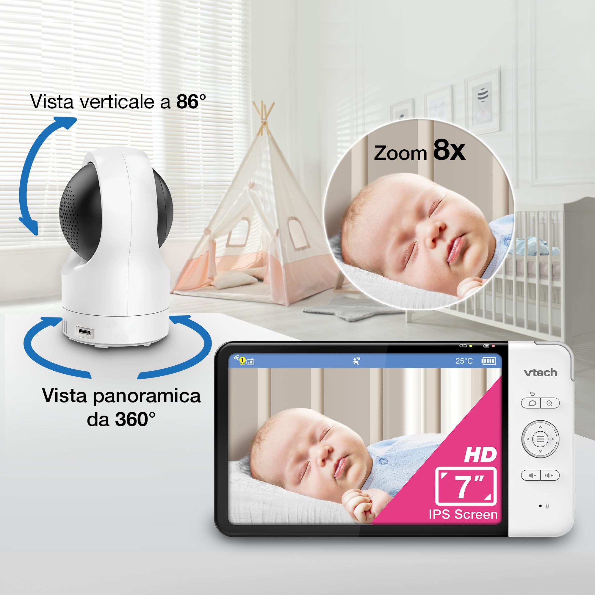 VTech baby monitor smart Wi-Fi con 2 telecamere, schermo HD a colori da 7", videocamera FHD 1080p, app gratuita, controlli panoramica, inclinazione e zoom, ninne nanne, suoni rilassanti: RM7764-2HD