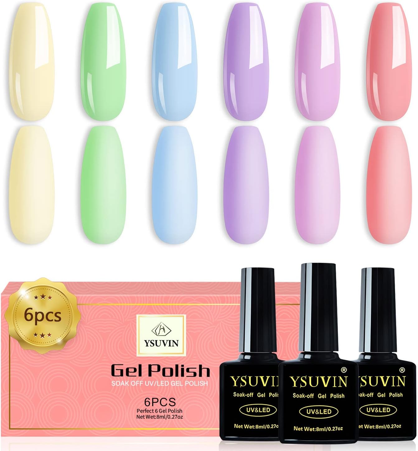 YSUVIN Gel Nail Polish Pastel, 6 Colors Summer Pastel Macaroon Gel Nail Polish Kit Green Blue Champagne Pink Purple Requires Base Top Coat UV Cured Gel For Beginners DIY Nail Art Manicure Salon