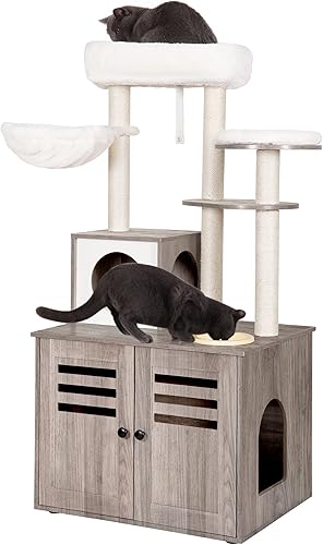 Heybly Árbol para gatos, caja de arena de madera con estación de alimentos, muebles para interiores todo en uno con plataforma grande y condominio,