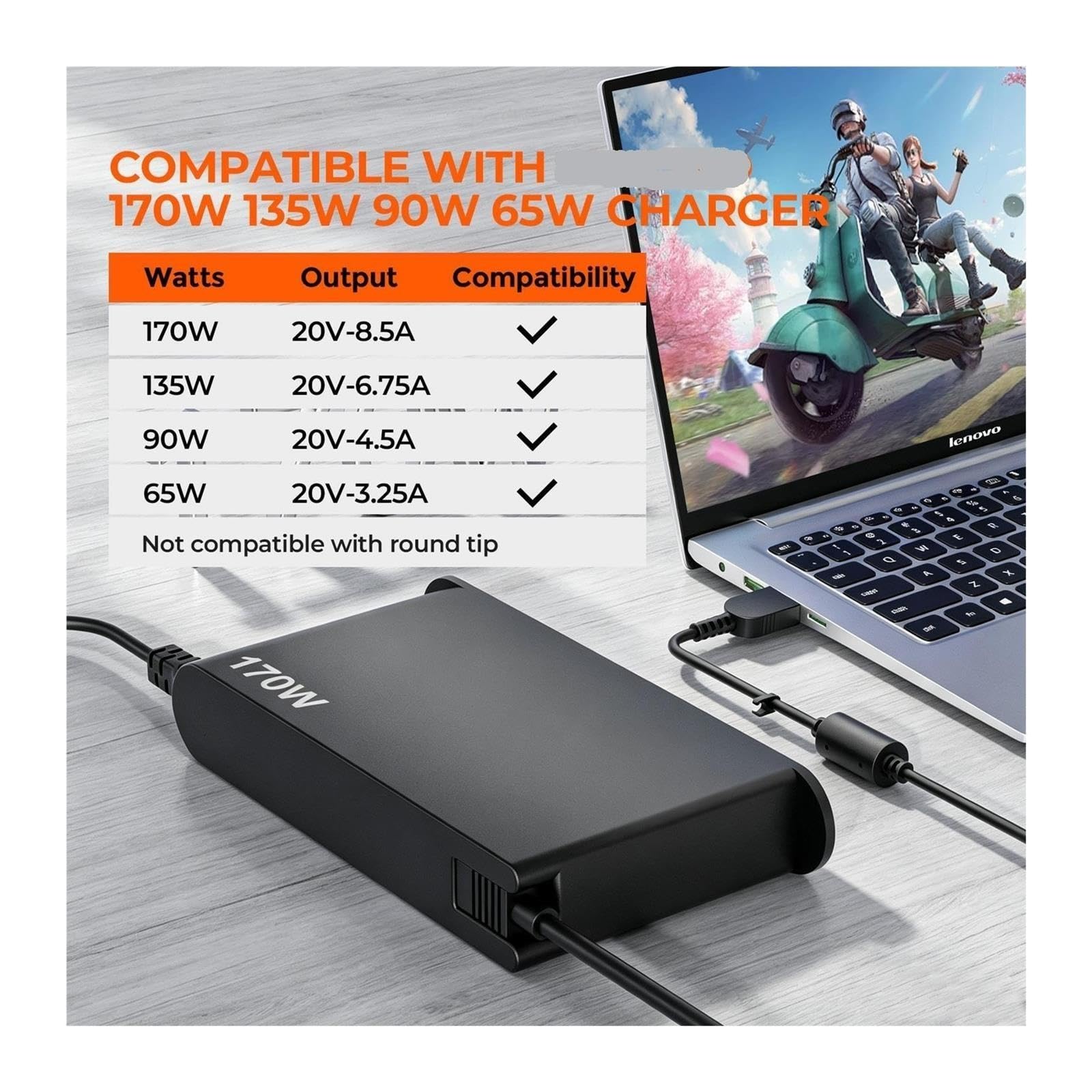 Adaptador De Vuelta De USB-A De 20V, 8,5a, 170W, Potencia De Carga for Y7000 Y7000P R720-15 ADL170SLC3A W540 T540p Y50-70 T440p P50 P51, Cargador De Ordenador Portátil(with EU Cable)