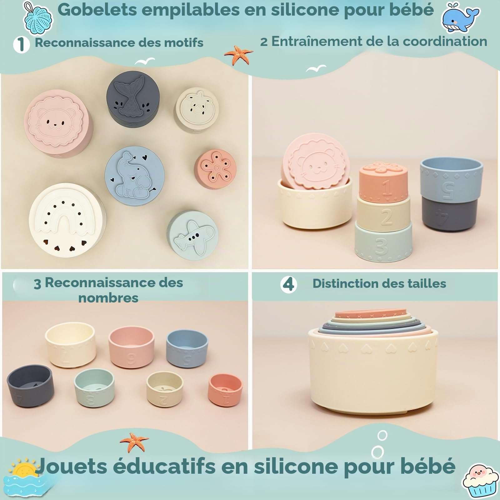 Jouets de Bain Bébé Silicone 0+ Ans,Set Silicone Alimentaire, Gobelets Empilables Sensoriels, Animaux Aspergeurs à Ventouse, Jeux de Bain Jouets de Douche de Bébé Jouet Piscine Jouets Flottants