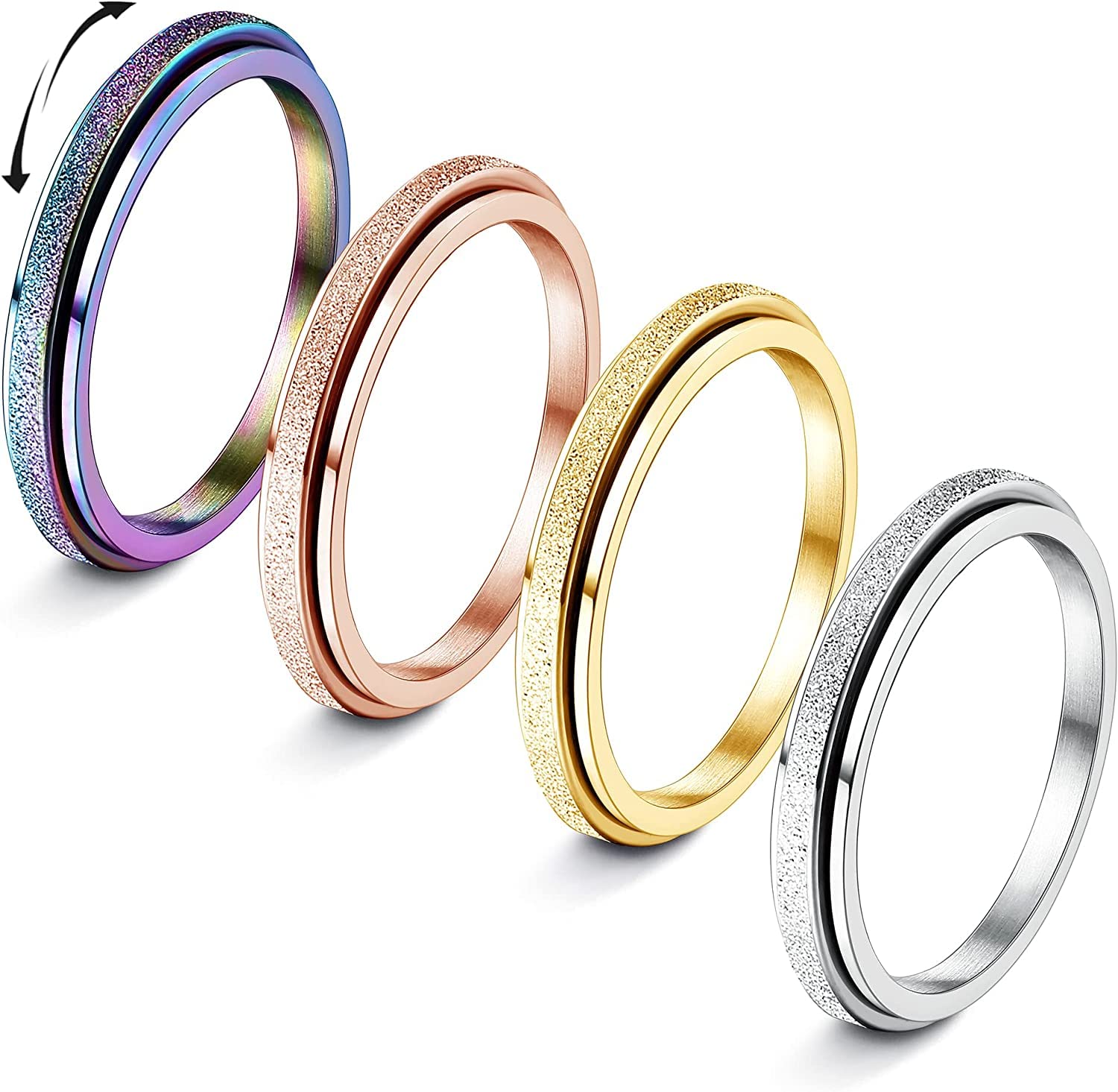 Diamday 4Pcs Ansiedad Giratorios Anillos para Estrés Ansiedad Aliviar Acero Inoxidable Fidget Band Anillos para Mujeres Hombres Spinner Anxiety Ring Antiestrés Anillos Sand Blast Finish 2MM 4MM
