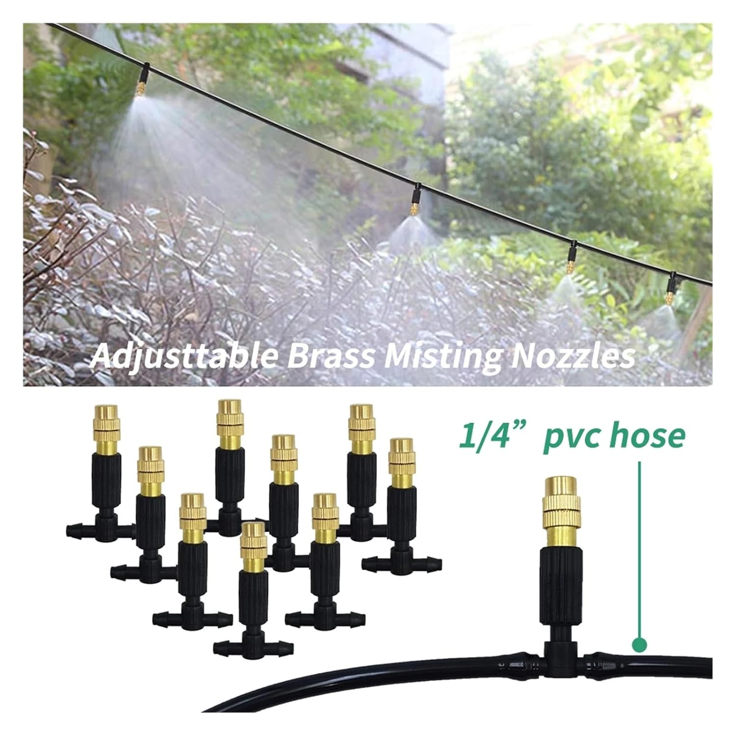 Garden Supplies 5M-30M Garden Irrigation Outdoor Misting Cooling System Watering 1/4'' Brass Atomizer Nozzles 4/7mm Hose Patio Nozzle(KIT003-50M-A)