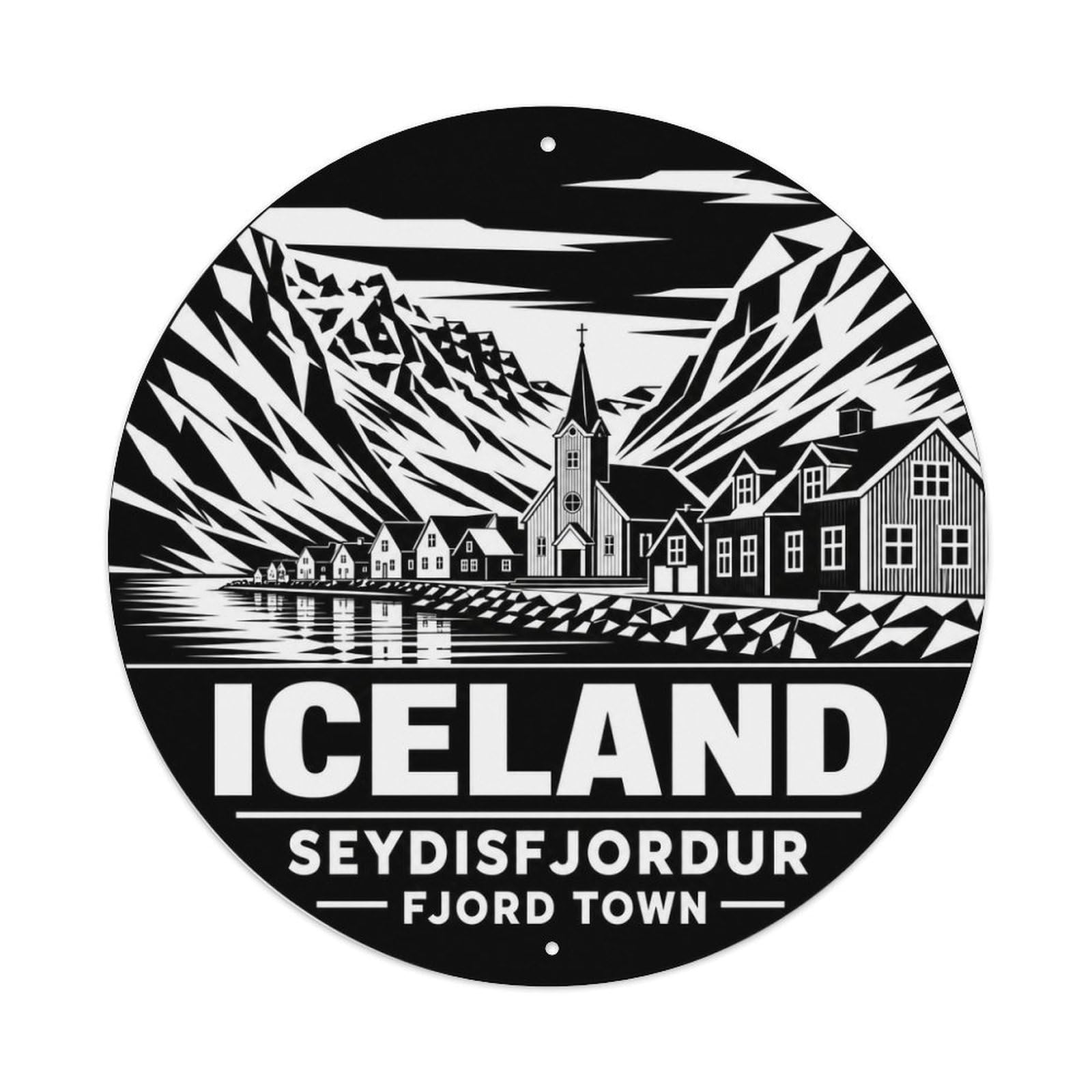 Seydisfjordur Fjord Nordic Monochrome Castle Heritage Metal Tin Sign Plaque Wall Decor for Cafe, Man Cave, Club Bar, Office, Home Garden Round Metal Poster 8x8Inch