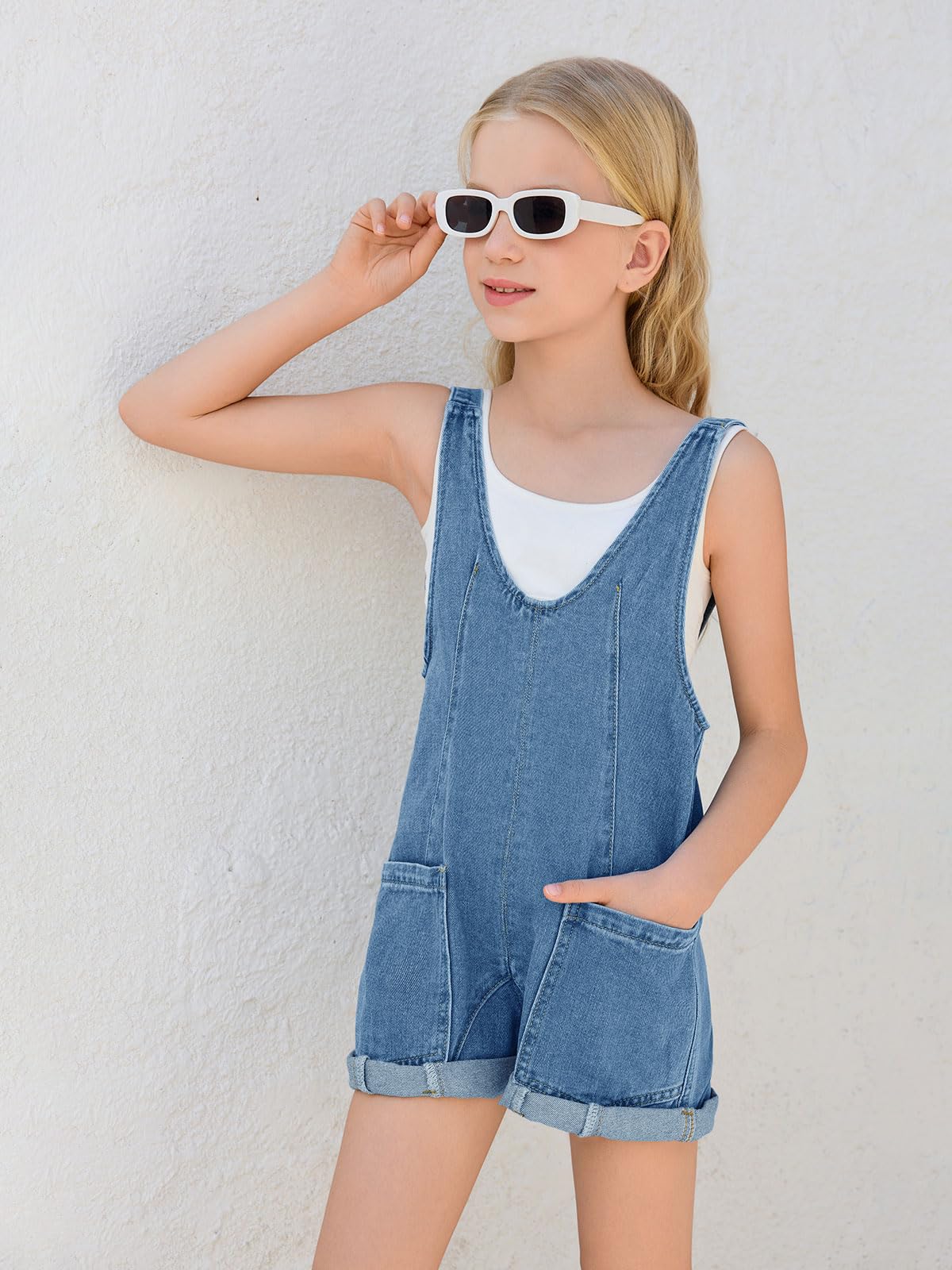 Haloumoning Overol de mezclilla para niñas, pantalones cortos de verano con tirantes ajustables, pantalones cortos de mezclilla para 5 a 14 años