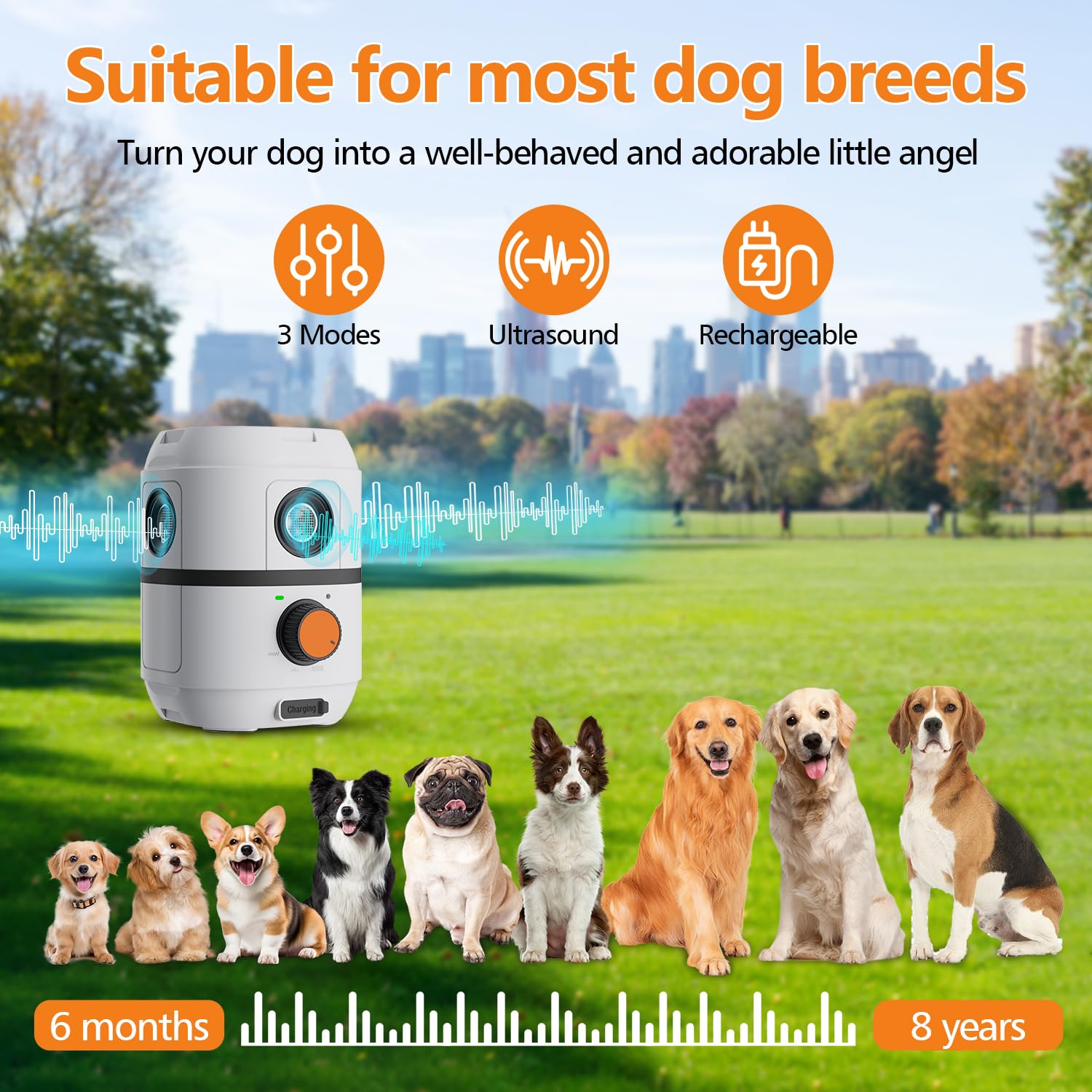 Dispositivo anti-abbaiamento, 3 x deterrente ad ultrasuoni per cani lungo 15,2 m, 3 modalità, dispositivi di controllo dell'abbaio impermeabile IPX5, per fermare l'abbaiare del cane o del vicino