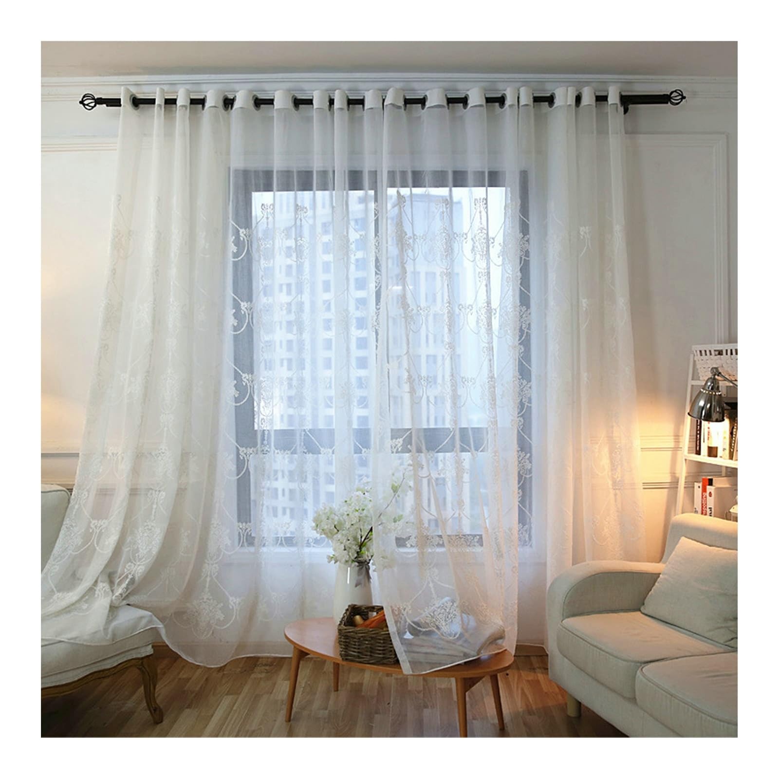 Fenster Voile Vorhänge mit Ösen 183 Lang, Polyesterleinen Vorhänge Blumen Bestickt 2 Stück Weiß für Schlafzimmer, H183 x B102 cm
