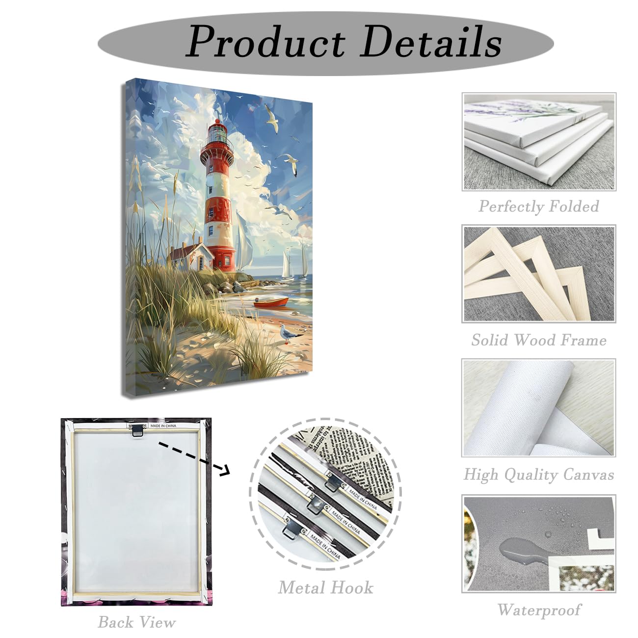 ZQQART Leinwandbild Leuchtturm Ozean rote Streifen Küstenbild Gemälde Strand Boot Möwen Kunstwerk Heimwanddekoration 60x90cm