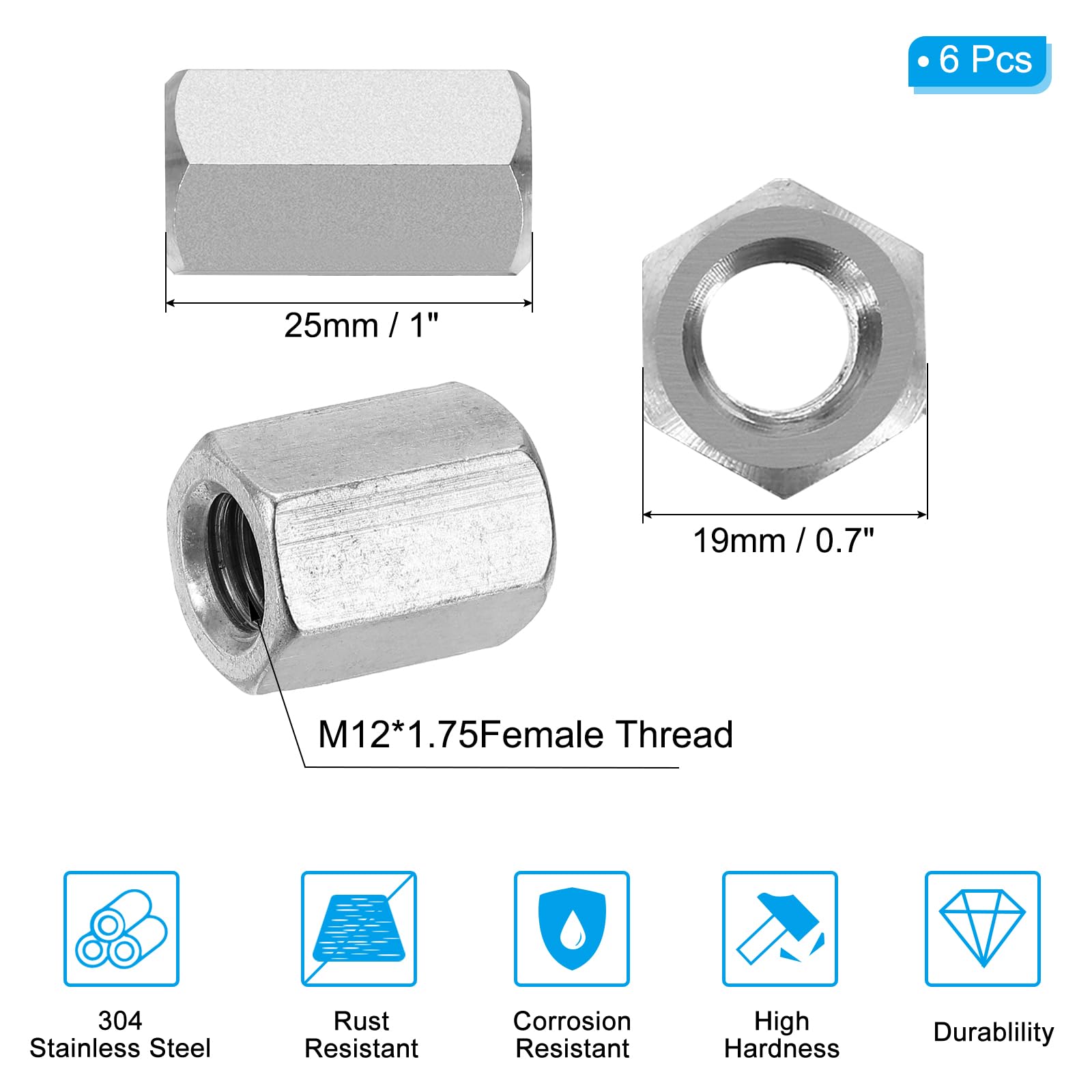 PATIKIL M12 x 1.75-Pitch 304 Stainless Steel Hex Coupling Nuts - Image 2