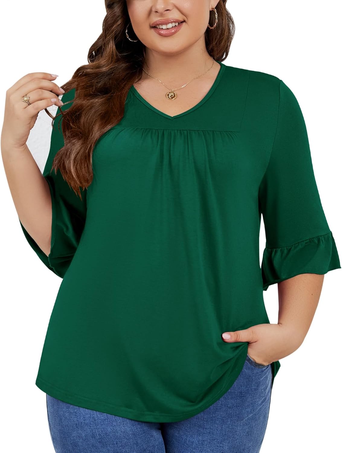 Micoson Womens Plus Size Tops 3/4 Ruffle Sleeve Shirt Casual V Neck Pleated T Shirt Loose Fit Tunic Blouse(1X-5X) - Image 2