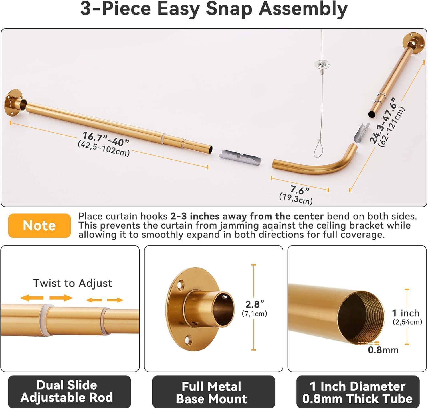 L Shaped Corner Shower Curtain Rod, Curved Shower Curtain Pole, 24.3"-48" x 24.3"-48" Telescopic Rod for Bathroom Bathtub, 304 Stainless with 12 Ring Hooks & Ceiling Support (Gold)