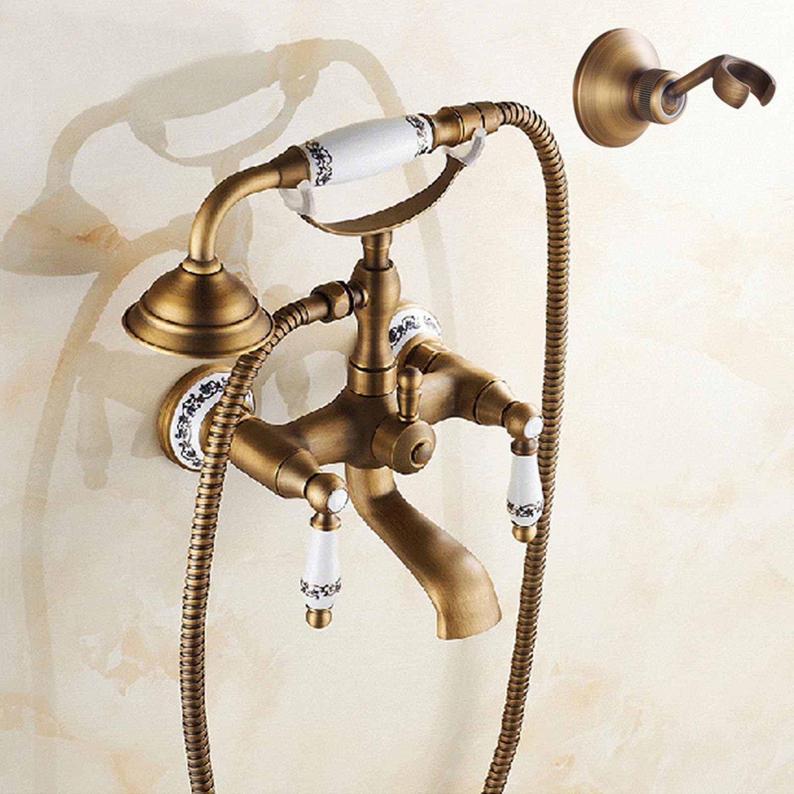 Grifo Mezclador de Ducha Y Bañera de Latón Antiguo Grifo Mezclador de Ducha con Doble Manija En Cruz Montaje En Pared con Manguera de Ducha de 1,5 M