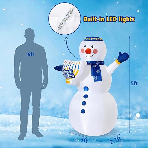 Miniatura 3 de Muñeco de nieve inflable de Hanukkah de 5 pies para decoración al aire libre, muñeco de nieve inflable y menorá de Hanukkah con luces integradas