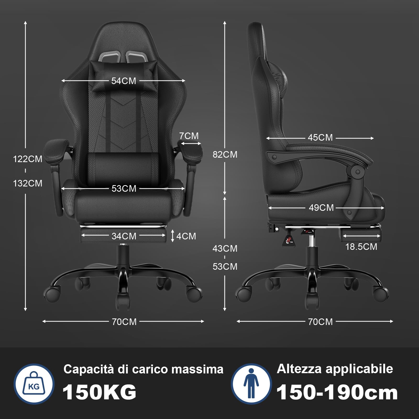 JUMMICO Sedia da gaming da ufficio, ergonomica, con cuscino lombare massaggiante, schienale regolabile 90-135°, e poggiapiedi, capacità di carico 150 kg, colore: nero