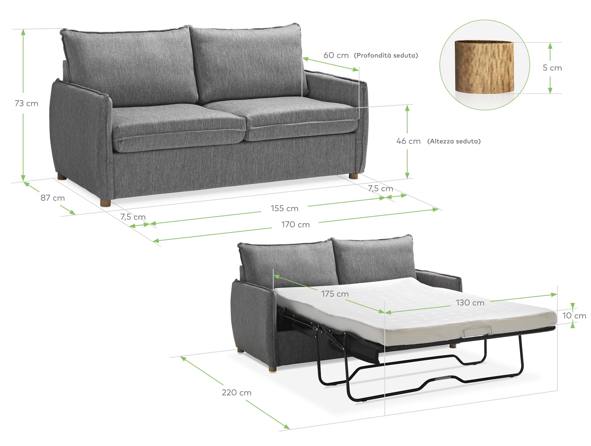 EVERGREENWEB - Divano Letto 2 Posti L170xP90xA75 Sofà con Materasso Matrimoniale Memory alto 10 cm, Moderno Tessuto Grigio, Schienale a Doppio Cuscino Estraibile, Struttura Rinforzata Pieghevole GRACE