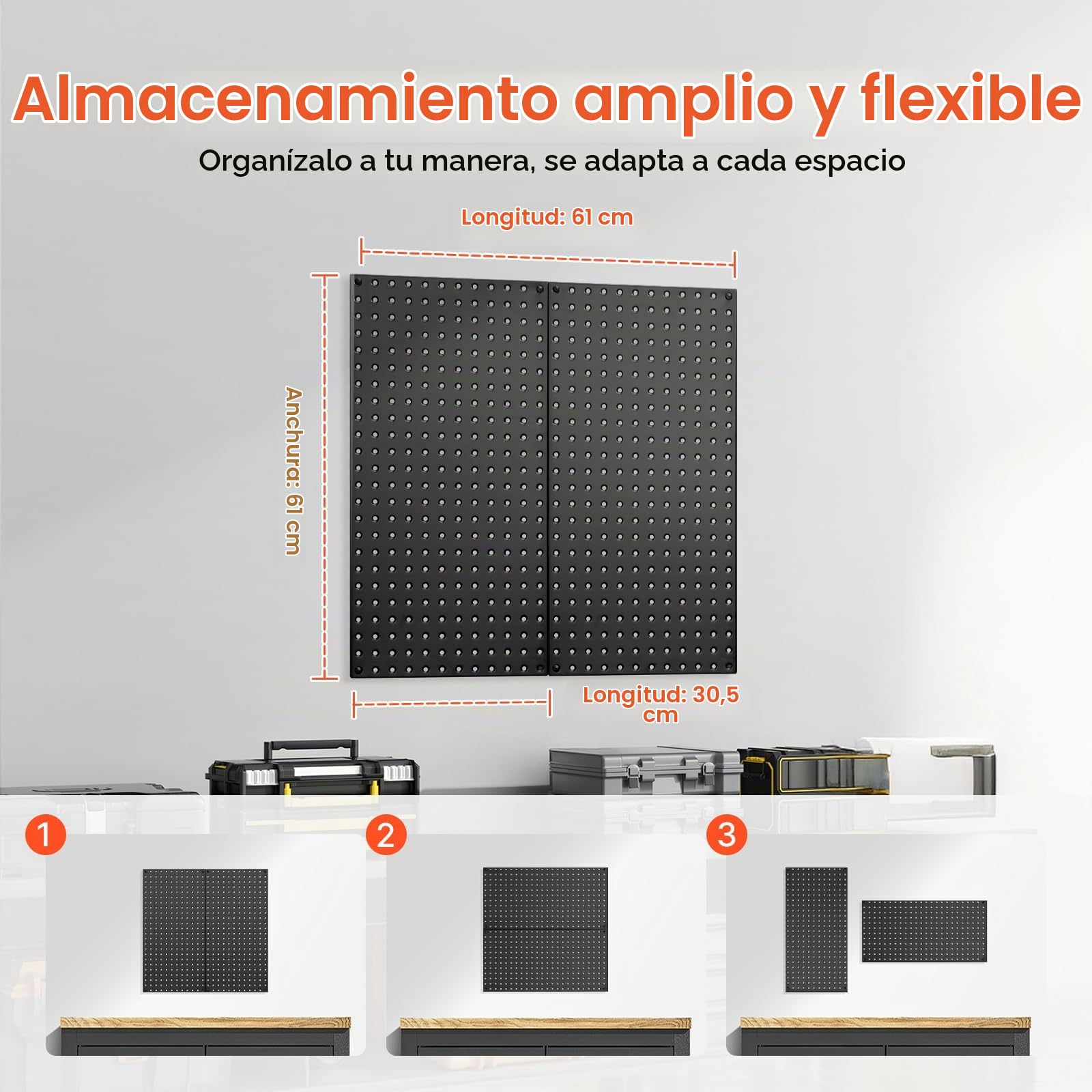 VEVOR Paneles Perforados de Metal de 609,6 x 304,8 x 19 mm 2 Paneles, Organizador de Pared de Acero Resistente, para Sala de Estar, Almacenamiento de Herramientas, Sala de Manualidades, Negro