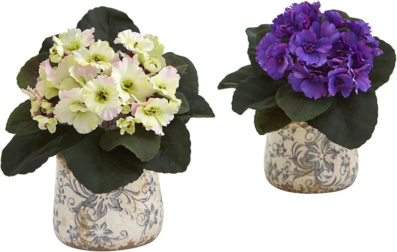 8 en planta artificial de violeta africana en jarrón para decoración de habitación | Coloración rica y alegre, paquete de 2, maceteros con diseño floral distintivo, ideal para escritorio o estantería durante todo el año