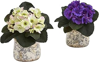 Nearly Natural 8in. African Violet Artificial Plant in Floral Design Vase (Set of 2)
