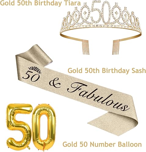 Vista 3 de 50th Birthday Decorations for Women Gold with 50th Birthday Sash and Tiara, Cake Topper and Candles, Number Balloons, 50 Year Old Gifts for Women